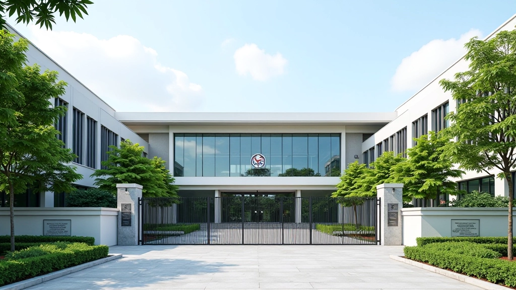 International school campus exterior with modern architecture, safe entrance, and well-maintained grounds