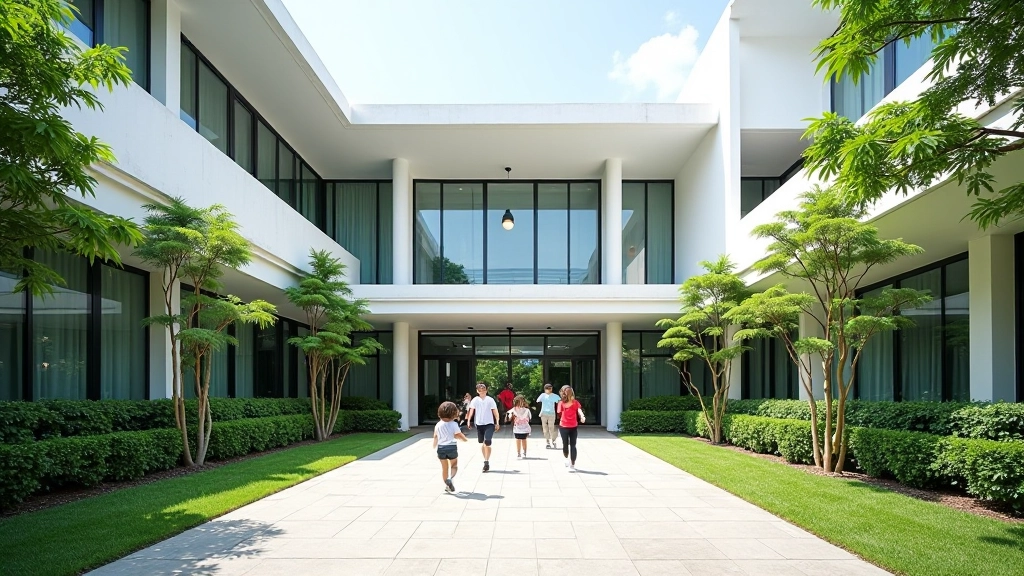 International school campus exterior with modern architecture, safe entrance, and well-maintained grounds
