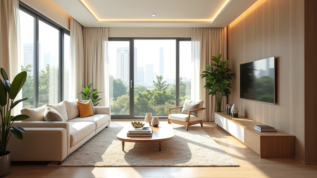 Modern family apartment living room with natural light, comfortable seating, and neutral décor