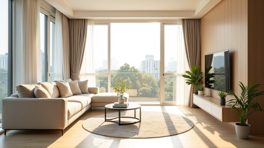 Modern family apartment living room with natural light, comfortable seating, and neutral décor