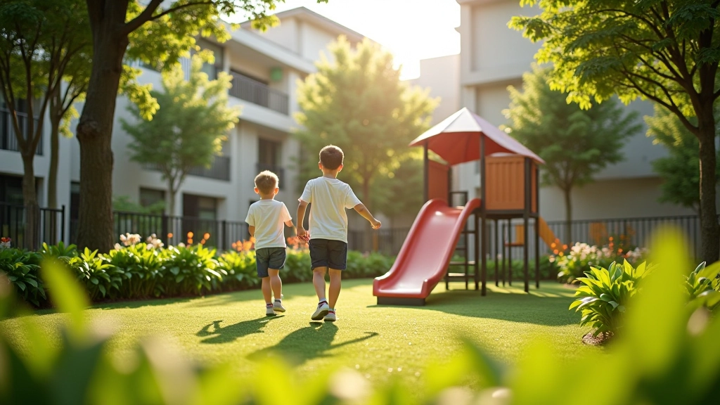 Children playing in a secure residential community garden with playground equipment and safety features